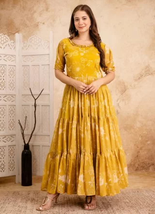 Mustard Floral Patch Work Faux Georgette  Designer Gown
