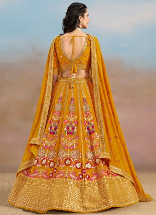 Mustard Georgette A - Line Lehenga Choli with Dori, Embroidered, Multi, Sequins, Thread and Zari Work