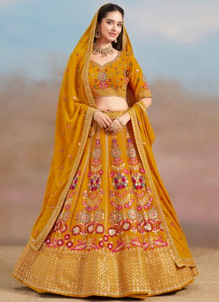 Mustard Georgette A - Line Lehenga Choli with Dori, Embroidered, Multi, Sequins, Thread and Zari Work