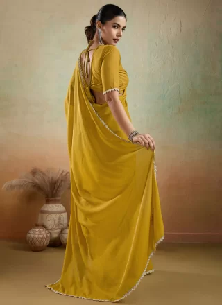 Mustard Georgette Contemporary Sari with Patch Border and Lace Work