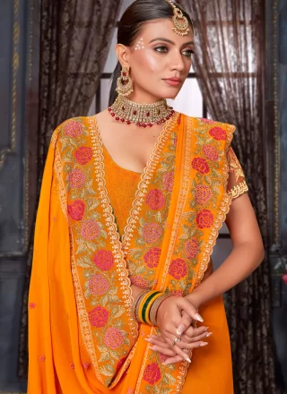 Mustard Georgette Embroidered, Multi, Resham and Zari Work Trendy Saree for Ceremonial
