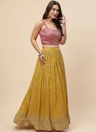 Mustard Georgette Lehenga Choli with Sequins, Stone and Thread Work