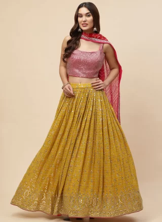 Mustard Georgette Lehenga Choli with Sequins, Stone and Thread Work