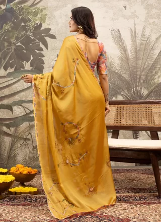 Mustard Georgette Patch Border and Digital Print Work Trendy Saree for Casual