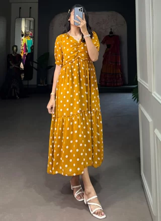 Mustard Georgette Polka Dotted Work Party Wear Kurti for Casual