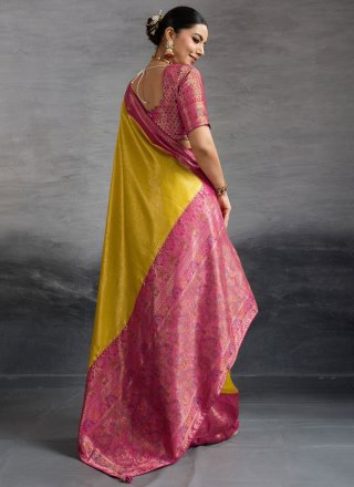 Mustard Kanjivaram Silk Classic Sari with Meenakari, Woven and Zari Work