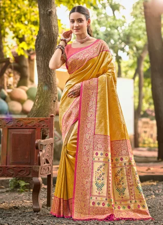 Mustard Kanjivaram Silk Classic Sari with Weaving Work