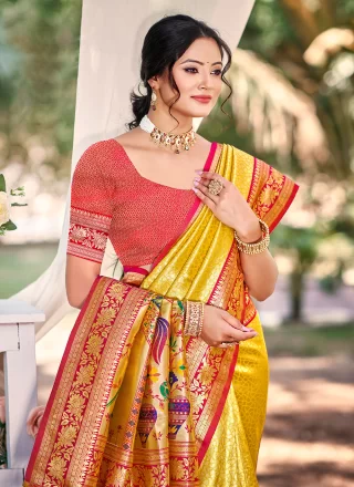 Mustard Kanjivaram Silk Weaving Work Trendy Saree