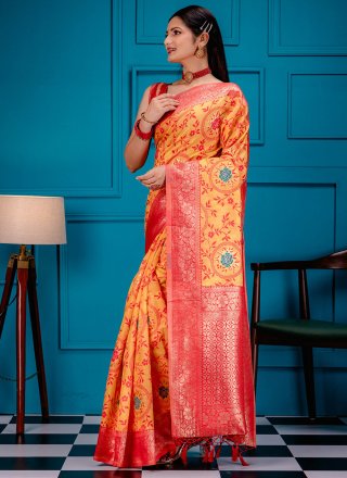Mustard Kanjivaram Silk Zari Work Trendy Saree