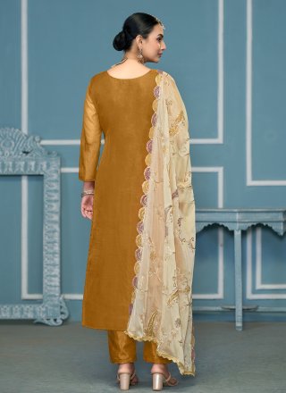Mustard Organza Embroidered and Print Work Salwar Suit