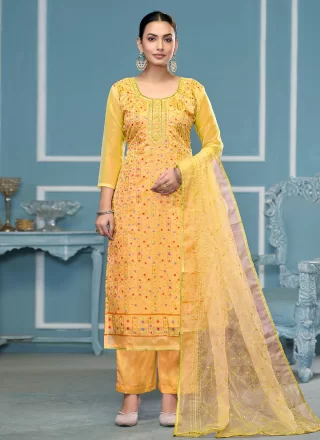 Mustard Organza Hand Work Palazzo Salwar Suit for Casual
