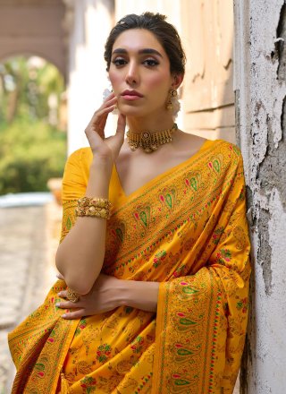 Mustard Pashnima Silk Classic Saree with Print Work for Women