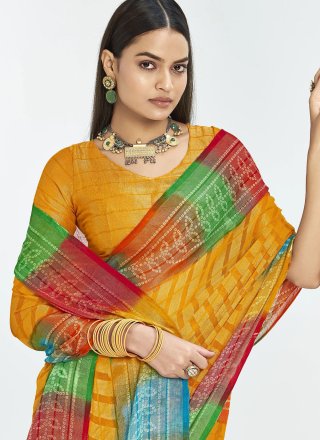 Mustard Print Work Silk Classic Saree