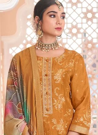 Mustard Pure Dola Embroidered and Jacquard Work Salwar Suit