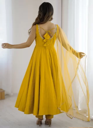 Mustard Pure Silk Lace Work Salwar Suit