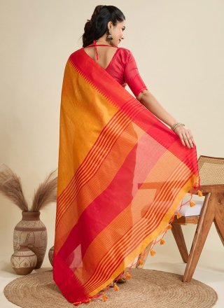 Mustard Raw Silk Trendy Saree with Thread and Woven Work