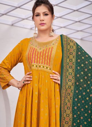 Mustard Rayon  Designer Gown with Embroidered and Foil Print Work for Casual