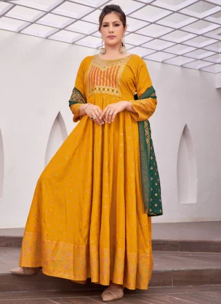 Mustard Rayon  Designer Gown with Embroidered and Foil Print Work for Casual