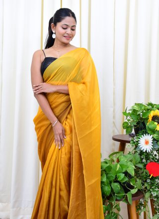 Mustard Satin Contemporary Sari with Embroidered Work