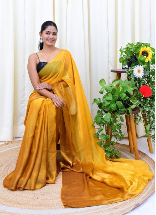 Mustard Satin Contemporary Sari with Embroidered Work