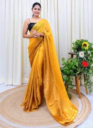 Mustard Satin Contemporary Sari with Embroidered Work