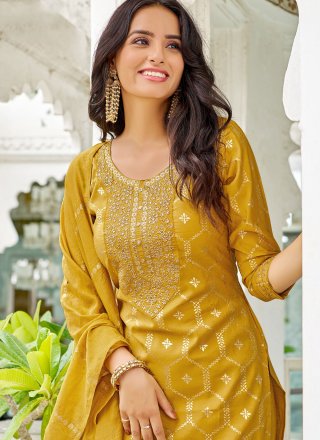 Mustard Shimmer Embroidered, Foil Print and Zari Work Readymade Salwar Suit for Casual