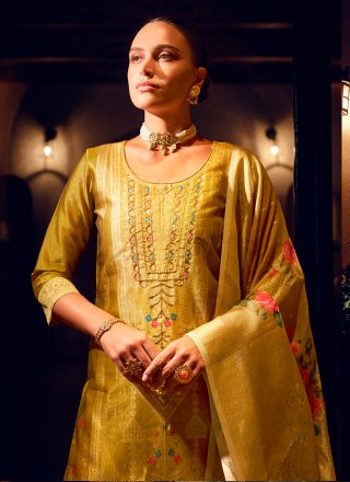 Mustard Shimmer Hand and Woven Work Salwar Suit for Ceremonial