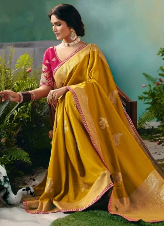 Mustard Silk Classic Saree with Embroidered and Weaving Work for Ceremonial