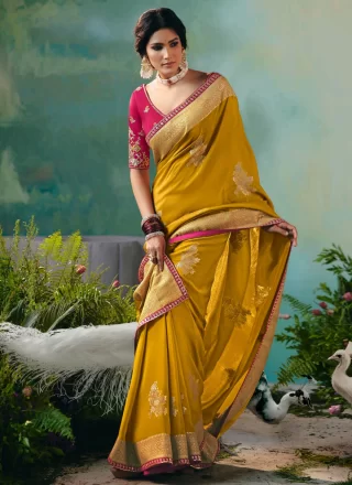 Mustard Silk Classic Saree with Embroidered and Weaving Work for Ceremonial