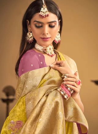Mustard Silk Classic Sari with Embroidered, Fancy, Stone, Swarovski, Weaving and Zari Work