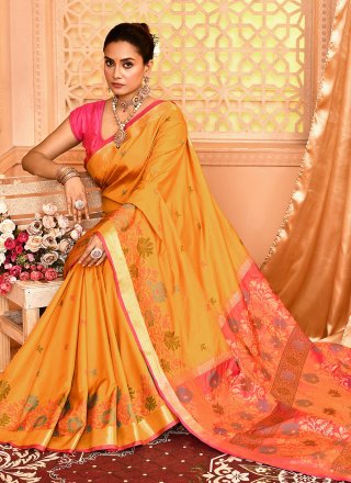 Mustard Silk Classic Sari with Floral Patch Work for Ceremonial