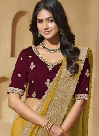 Mustard Silk Contemporary Saree with Cord, Diamond, Embroidered and Thread Work