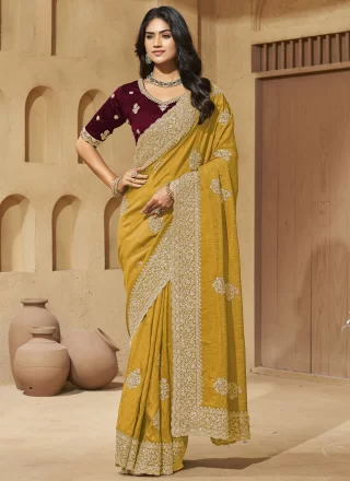 Mustard Silk Contemporary Saree with Cord, Diamond, Embroidered and Thread Work