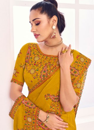Mustard Silk Contemporary Saree with Patch Border, Cut and Embroidered Work