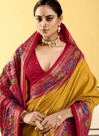 Mustard Silk Contemporary Sari with Jacquard and Print Work for Ceremonial