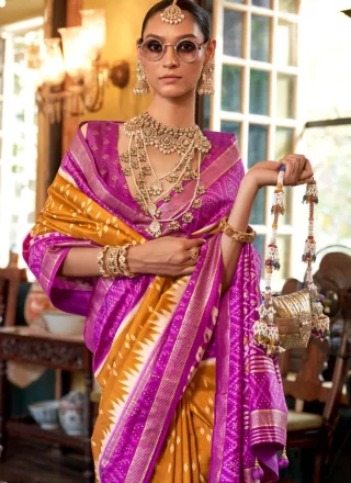 Mustard Silk Designer Saree with Geometric Print Work