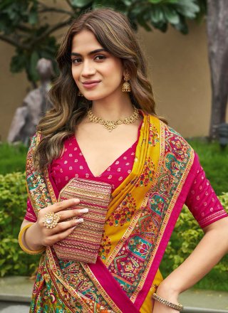 Mustard Silk Digital Print Work Contemporary Saree for Ceremonial