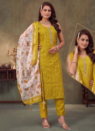 Mustard Silk Embroidered and Zari Work Trendy Suit for Festival