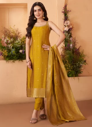 Mustard Silk Embroidered Work Pant Style Suit