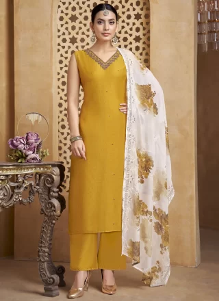 Mustard Silk Embroidered Work Readymade Salwar Suit