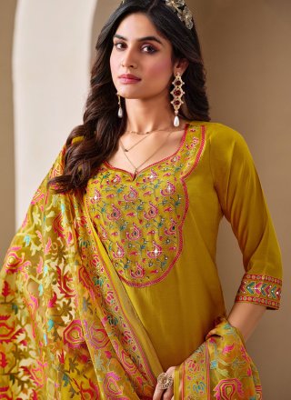 Mustard Silk Fancy and Stone Work Salwar Suit for Ceremonial