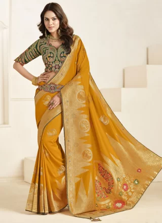 Mustard Silk Fancy, Weaving and Zari Work Traditional Saree for Ceremonial