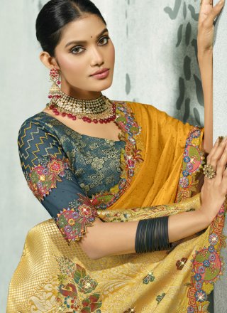 Mustard Silk Patch Border, Cut, Embroidered, Fancy, Stone, Weaving and Zari Work Contemporary Saree for Ceremonial