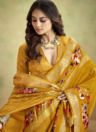 Mustard Silk Patch Border, Floral Patch and Weaving Work Trendy Saree