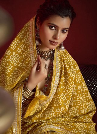 Mustard Silk Patch Border, Lace and Print Work Classic Sari