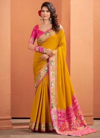 Mustard Silk Patola Print and Weaving Work Trendy Saree for Ceremonial