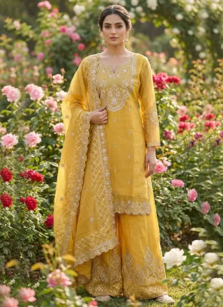 Mustard Silk Readymade Salwar Suit with Embroidered Work
