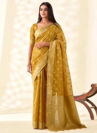 Mustard Silk Traditional Saree with Booti, Weaving and Zari Work