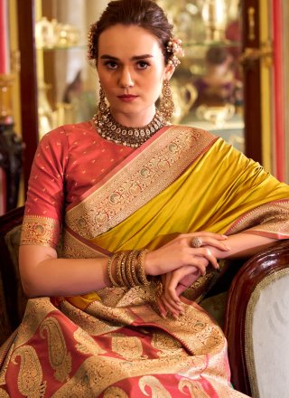 Mustard Silk Weaving Work Traditional Saree for Ceremonial