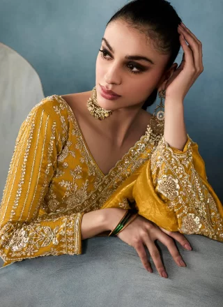 Mustard Tissue Trendy Saree with Embroidered, Sequins and Zari Work for Ceremonial
